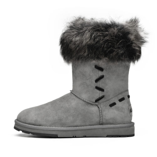 picture of grey australian fur winter boots from the side with dark stitching