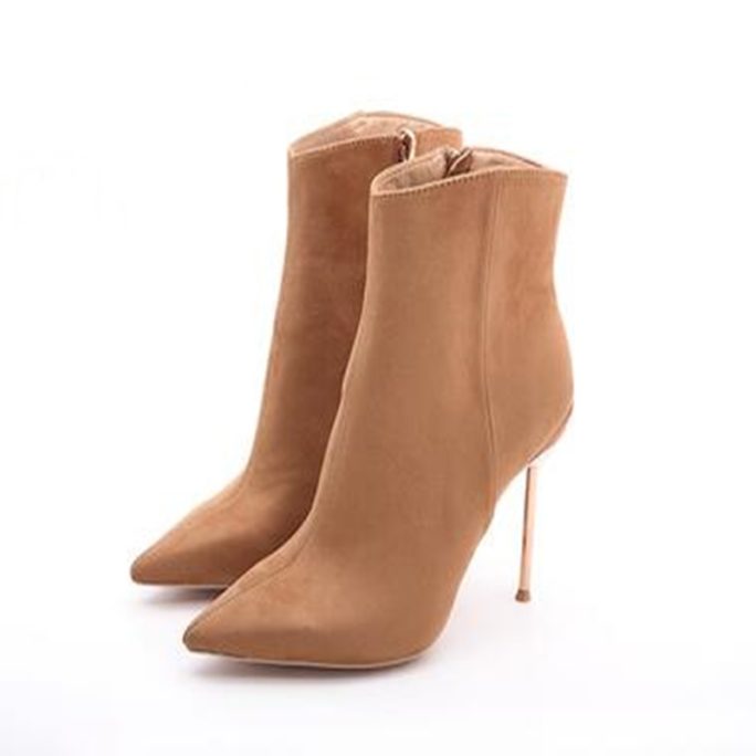 picture of beige sexy pointed toe boots with metal high heel from the front right view