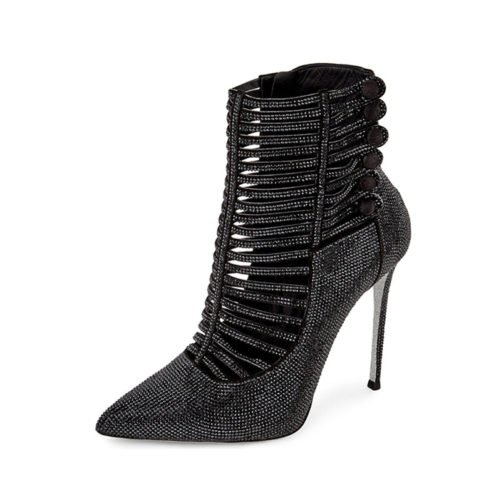 picture of black luxury bedazzled high heel boots with rhinestones covering the outside of the high heel fashion boot