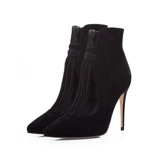 picture of 2 elegant suede pointed toe ankle boots with fashion tassle from the front right angle