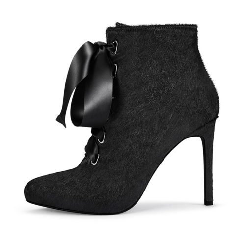 picture of the side of black ankle high heel boots with fashion ribbon bow knot