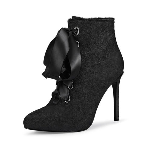 picture of black ankle high heel boots with fashion bow knot from the side angle