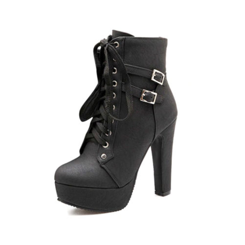 high platform heel ankle boots with buckle that are black