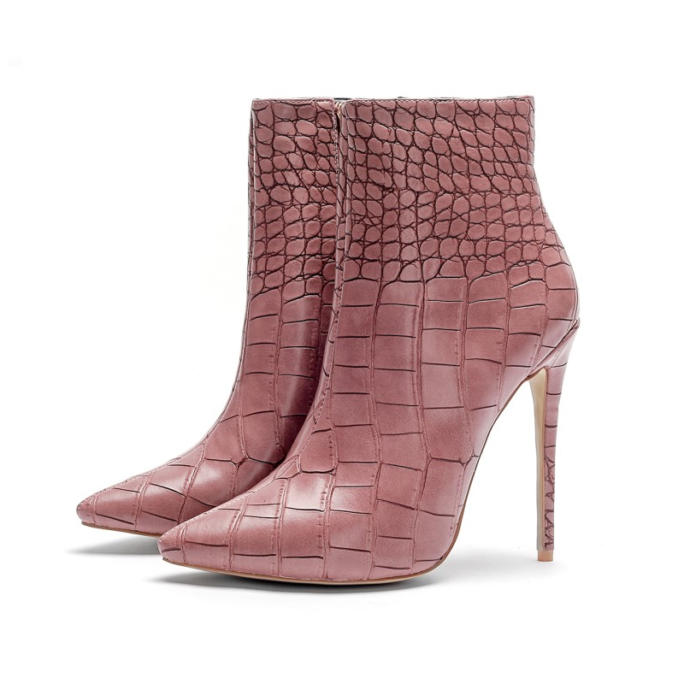 italian designer pencil heel stiletto ankle boots in pink from the side