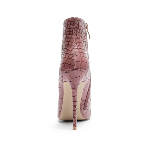 italian designer pencil heel stiletto ankle boots in pink from the back showing the heel