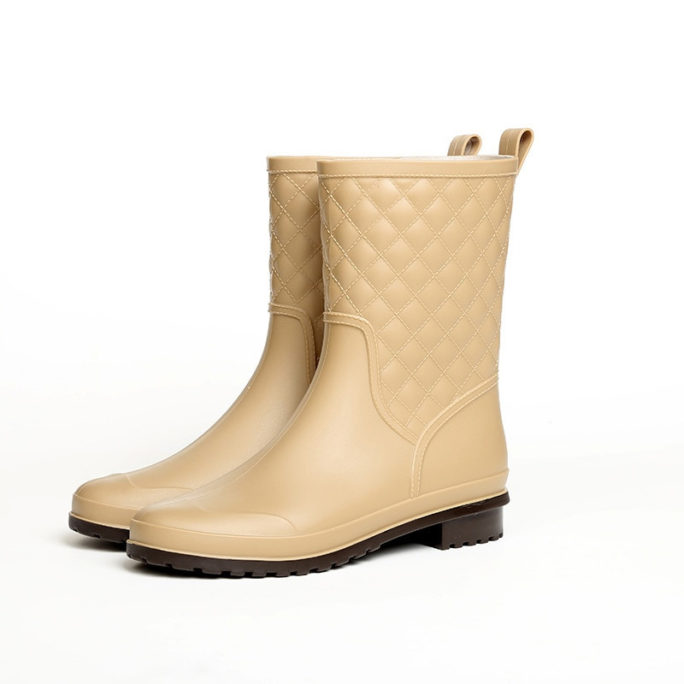 Rubber Waterproof Fashion Flat Rain Boots in beige